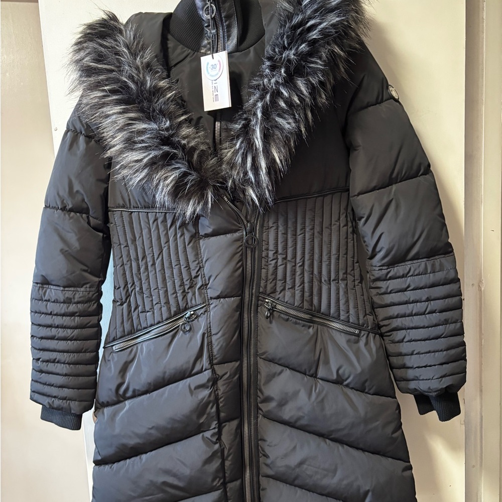 Women's Black Quilted Coat with Faux Fur Trim—NEVER WORN